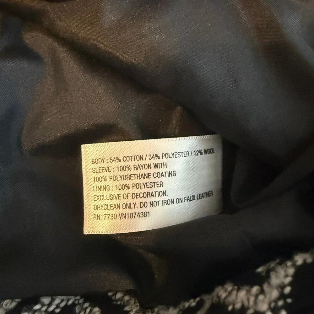 Mossimo Womens Black White Herringbone Tweed Faux Leather Zip Lined Jacket Sz M‎